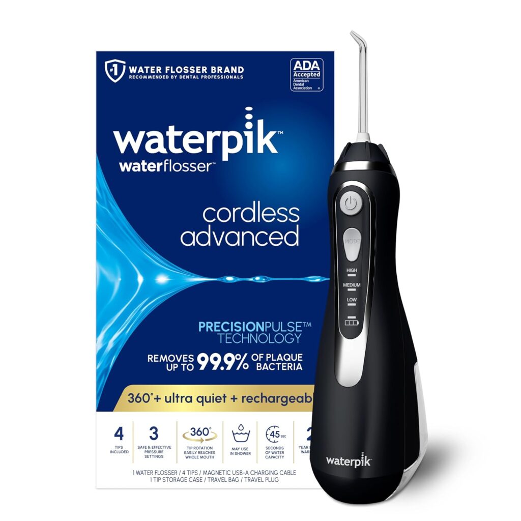 Waterpik Cordless Advanced 2.0 Rechargeable Water Flosser with Travel Bag and 4 Tips, Black