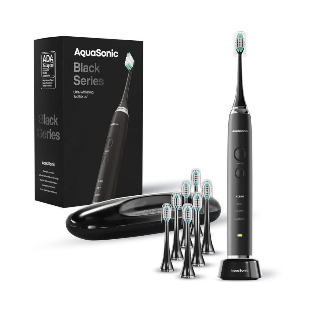 Aquasonic Black Series Ultra-Whitening Electric Toothbrush with 8 Brush Heads and Travel Case