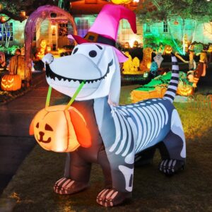 5.5 FT Halloween Inflatable Skeleton Puppy with LED Lights, Outdoor Yard Decoration with Pumpkin, Indoor/Outdoor Halloween Decor