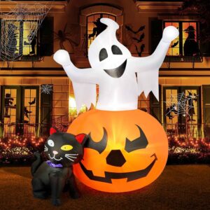 5 FT Halloween Inflatable Pumpkin and Witch’s Black Cat Outdoor LED Yard Decoration