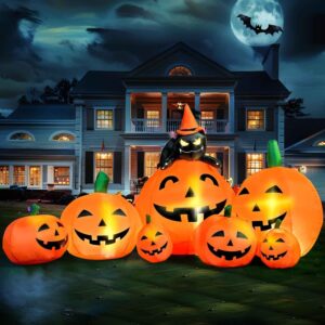 7 FT Halloween Inflatable Pumpkin with Witch's Cat, Outdoor Yard Decoration with Built-in LED Lights for Halloween Party