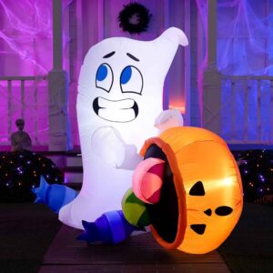 5 FT Halloween Inflatable Ghost with Candy Pumpkin Cauldron, Outdoor Yard Decoration with LED Lights