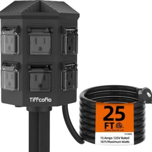 Outdoor Weatherproof Power Strip 25 FT Extension Cord with 6 Grounded Outlets and Stake, ETL Listed for Halloween Decorations and Inflatables
