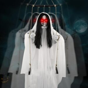 6.2FT Scary Hanging Swinging Girl Halloween Animatronic Decoration with Glowing Eyes and Sound, Indoor/Outdoor Haunted House